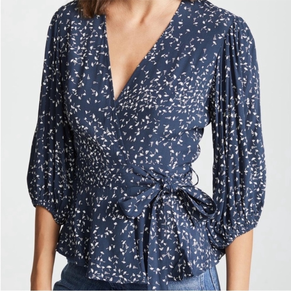 Ganni Navy Floral Wrap Top with Tie Waist